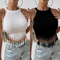 Moderiktig Halterneck ärmlös tofs Hem Detail Crop Top