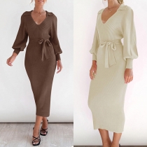 Elegant enfärgad stående krage långärmad självknytande ribbad tröjklänning