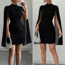 Bodycon festklänning med bling-blingdetaljer, rund halsringning, gasvävd design, slits och långa ärmar