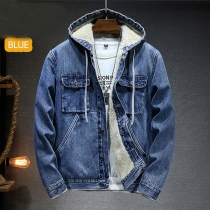 Trendig denimjacka för herrar med vintage-tvättad look, varm plyschfoder och huva