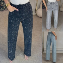 Jeans med bling och strassdetaljer, hög midja och raka ben