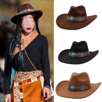 Damhatt i filt med westerninspirerat mönster, blombroderi och conchoband med turkos sten