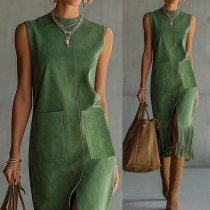 Damklänning i konstmocka med fransar, ärmlös med rund halsringning – boho-westernklänning med fickor