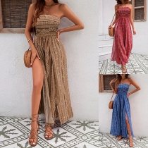 Dam Boho axelbandslös smockad jumpsuit för stranden med vida ben och hög slits i paisleymönster