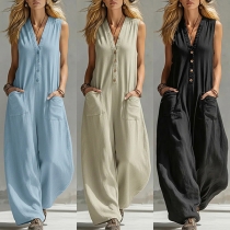 Casual ärmlös jumpsuit med vida ben – boho-inspirerad V-ringad overall med fickor