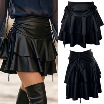 Minikjol med hög midja och dragsko, flerlager med volanger för dam