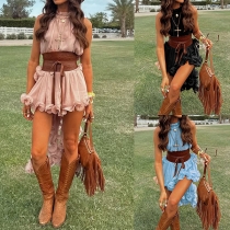 Boho-rufflat tvådelat set för dam med croppad topp, hög hals, asymmetrisk fåll och kjol – perfekt sommarfestivaloutfit