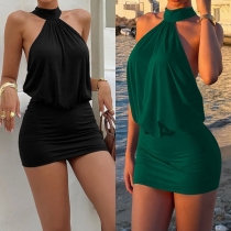 Sexig halterneck-miniklänning utan ärmar med bar rygg, draperad bodycon-passform