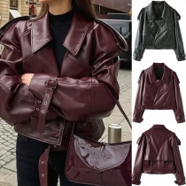 Street Style Notch Lapel Långärmad Spänne Crop PU-jacka i Syntetläder
