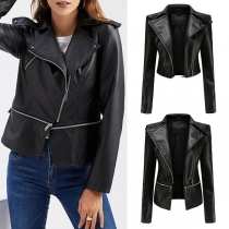 Mode Slim Fit Motorcykeljacka i PU-läder med enfärgad design och långärmad stil (storleken är liten)