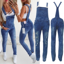 Mode Haute Taille Slim Fit Salopette Denim Déchirée
