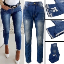 Mode pärlor rosett skarvade hög midja Slim Fit Jeans