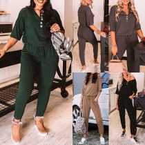 Fashion Solid Color Half Sleeve Round Neck High Waist Jumpsuit