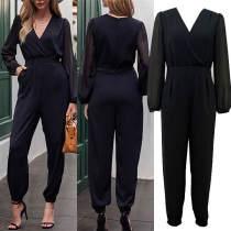V-ringad Mode Gaze Infälld Långärmad Högmidjad Jumpsuit