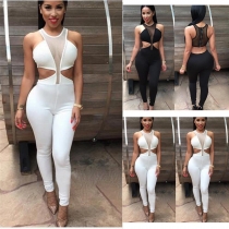 Sexy Backless Hollow Out High Waist Gauze Spliced Jumpsuits