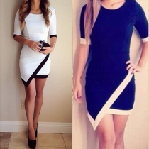 Fashion Contrast Color Short Sleeve Irregular Hem Dress