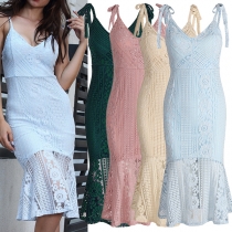 Sexy Backless V-neck High Waist Slim Fit Sling Lace Dress
