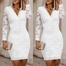 Elegant långärmad V-ringad spetsklänning i Bodycon-stil (Storlek Run Big)