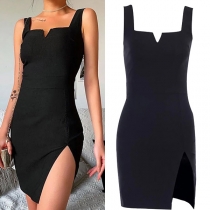 Sexy Backless Square Collar Slit Hem Slim Fit Sling Dress