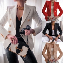 OL Style Long Sleeve Double-breasted Solid Color Blazer