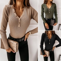 Fashion Solid Color Long Sleeve V-neck Slim Fit Knit Top