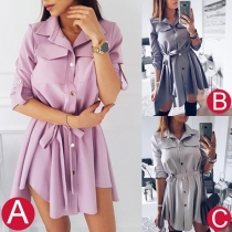 Fashion Solid Color Long Sleeve POLO Collar Irregular Hem Shirt Dress