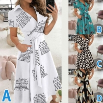 Sexy V-neck Short Sleeve High Waist Printed Dress