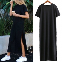 Fashion Casual Solid Color Short Sleeve Side Silt  Dress 
