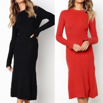 Fashion Solid Color Long Sleeve Round Neck Slim Fit Dress