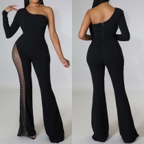 Sexig Rhinestone Mesh Splits Mock Neck Långärmad Jumpsuit med vida ben