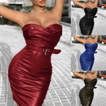 Sexy Strapless High Waist Slim Fit PU Leather Dress
