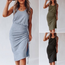 Simple Style Sleeveless Round Neck Side Drawstring Hem Dress