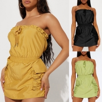 Casual Solid Color Strapless Self-tie Romper