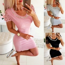 Mode pärla rund hals spets skarvad keps ärm Bodycon klänning