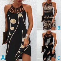 Sexy Lace Spliced Leopard Printed Contrast Color Halter Dress