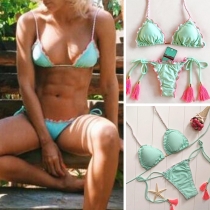 Sexy Contrast Color Tassel Pendant Lace-up Halter Bikini Set