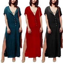 Sexy Deep V-neck Slit Hem Short Sleeve Solid Color Maxi Dress