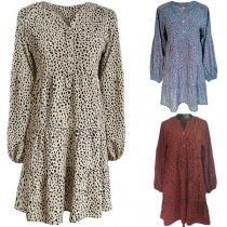 Fashion Long Sleeve V-neck Leopard Printed Dress