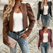 Elegant enfärgad PU konstläder långärmad Puff Crop Jacka