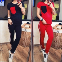 Fashion Contrast Color Short Sleeve T-shirt + Sports Pants Two-piece Set