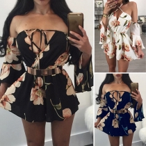 Sexy Off-shoulder V-neck Trumpet Sleeve Printed Romper
