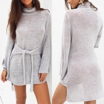 Fashion Solid Color Trumpet Sleeve Turtleneck High-low Hem Lace-up Knit Dress