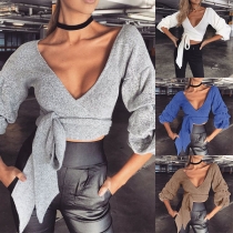 Sexy Deep V-neck Lantern Sleeve Lace-up Hem Solid Color Crop Top 