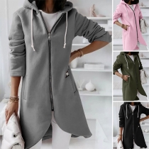 Mode Långärmad Oregelbunden Kant Sweatshirt Coat med Huva
