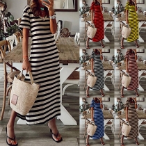 Casual Contrast Color Stripe Printed V-neck Short Sleeve Side Slit Dress