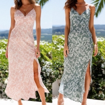 Sexy Backless V-neck Slit Hem Printed Sling Dress