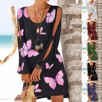 Fashion Slit Long Sleeve Round Neck Sunflower Printed Dress