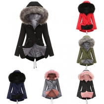 Fashion Long Sleeve Plush Lining Faux Fur Spliced Hooded Coat
