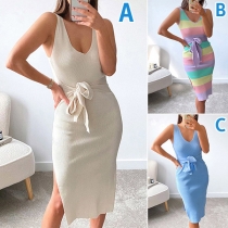 Sexy V-neck Slit Hem Sleeveless Tie-belt Slim Fit Knit Dress