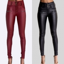 Mode Slim Fit PU-läderbyxor med hög midja